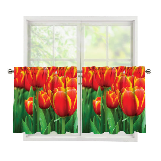 Red And Yellow Tulip Print Tier Curtains