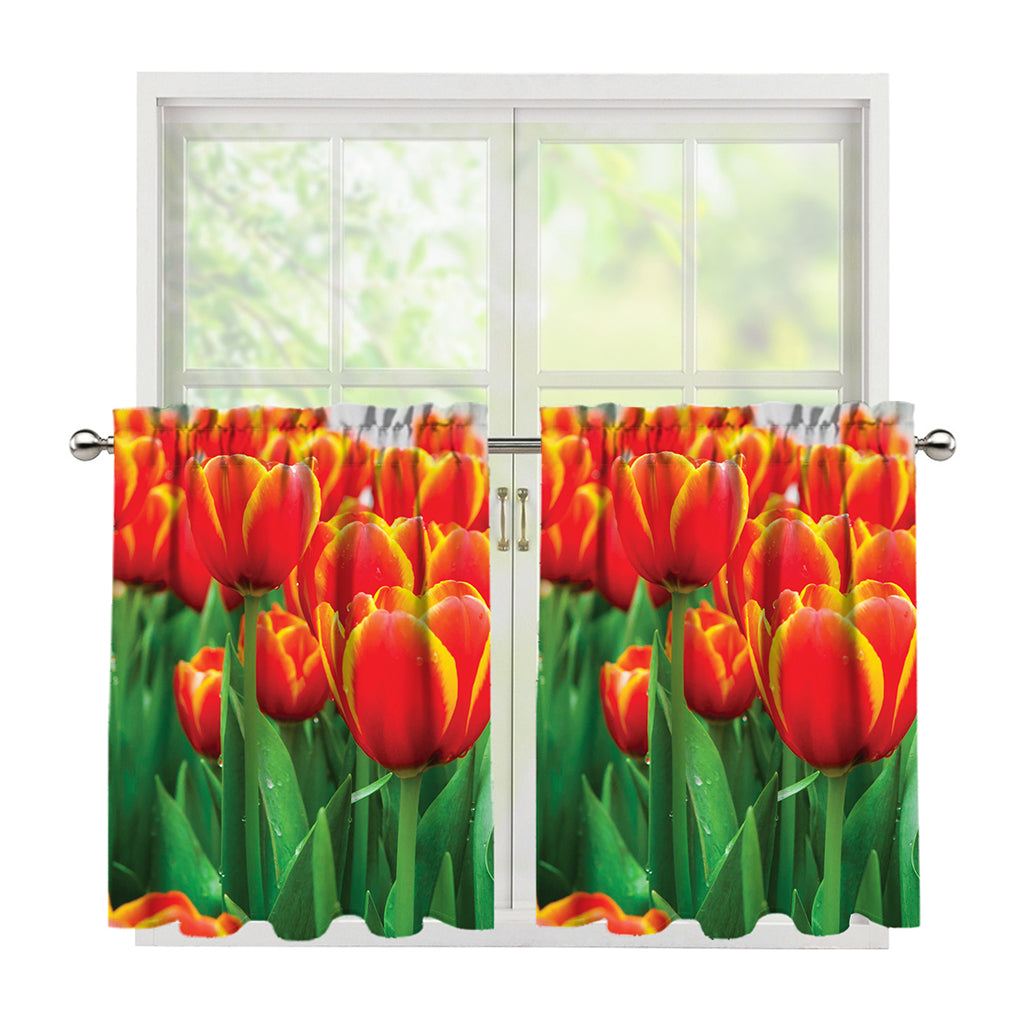 Red And Yellow Tulip Print Tier Curtains