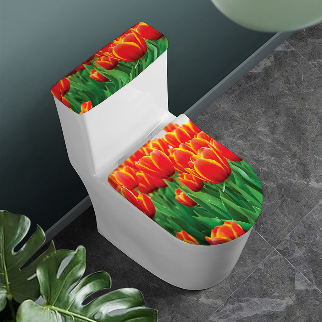 Red And Yellow Tulip Print Toilet Lid And Tank Cover Set