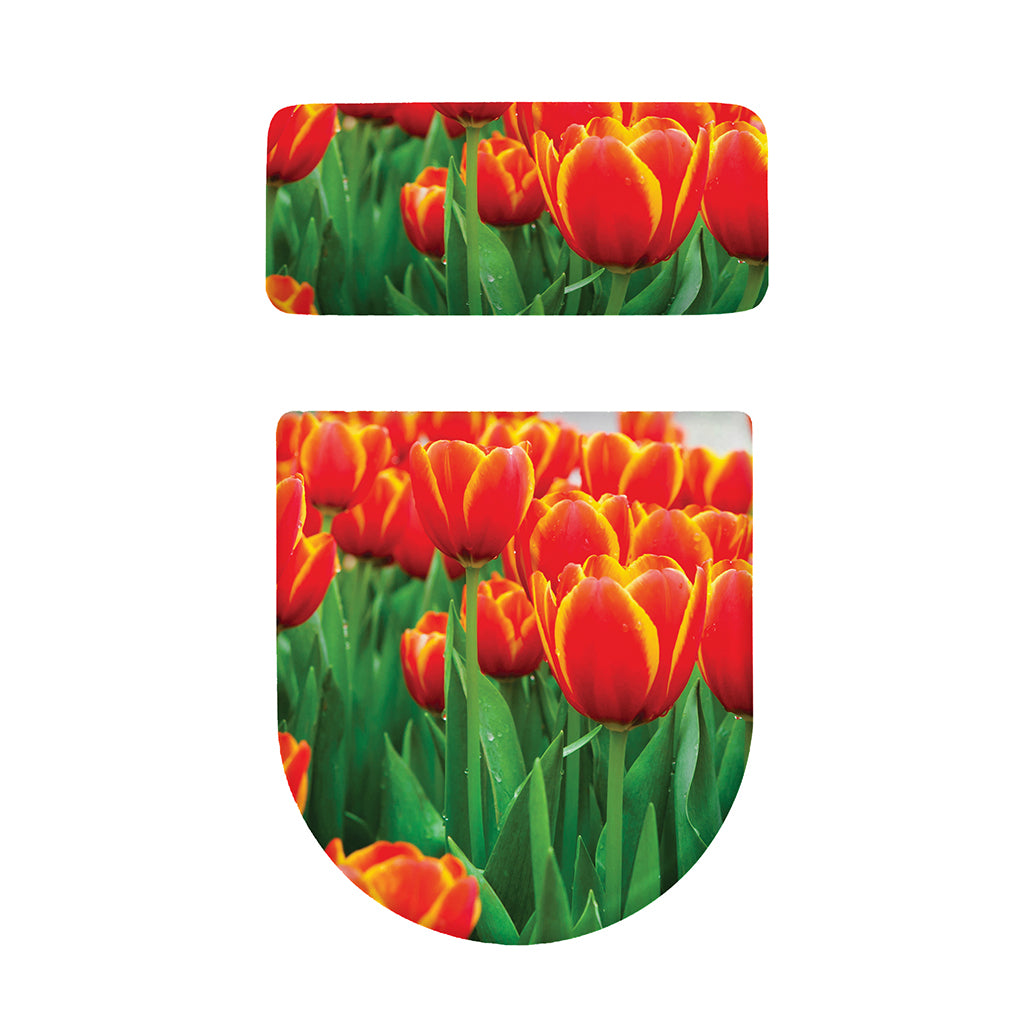 Red And Yellow Tulip Print Toilet Lid And Tank Cover Set