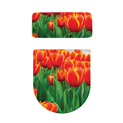 Red And Yellow Tulip Print Toilet Lid And Tank Cover Set