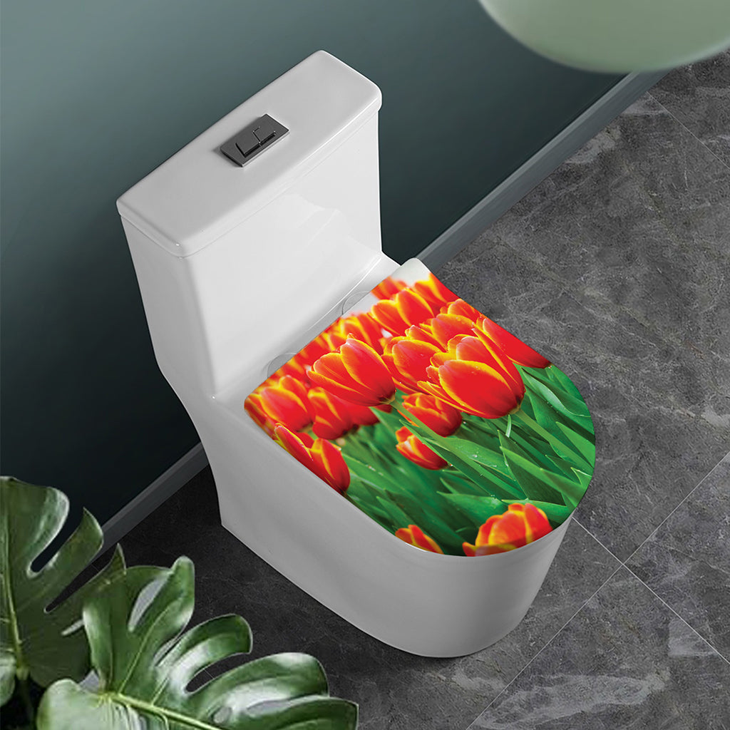Red And Yellow Tulip Print Toilet Lid Cover