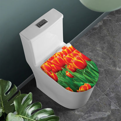 Red And Yellow Tulip Print Toilet Lid Cover