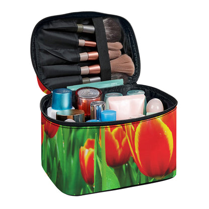 Red And Yellow Tulip Print Travel Makeup Bag
