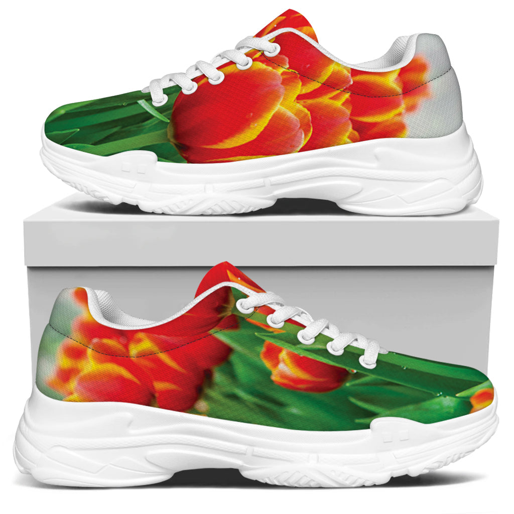 Red And Yellow Tulip Print White Chunky Shoes