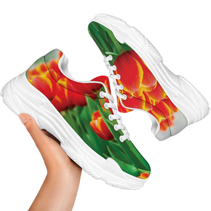 Red And Yellow Tulip Print White Chunky Shoes