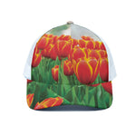 Red And Yellow Tulip Print White Mesh Trucker Cap