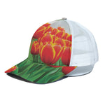 Red And Yellow Tulip Print White Mesh Trucker Cap