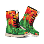 Red And Yellow Tulip Print Winter Boots