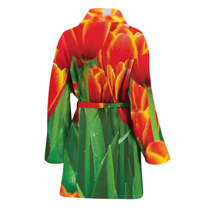 Red And Yellow Tulip Print Women's Bathrobe