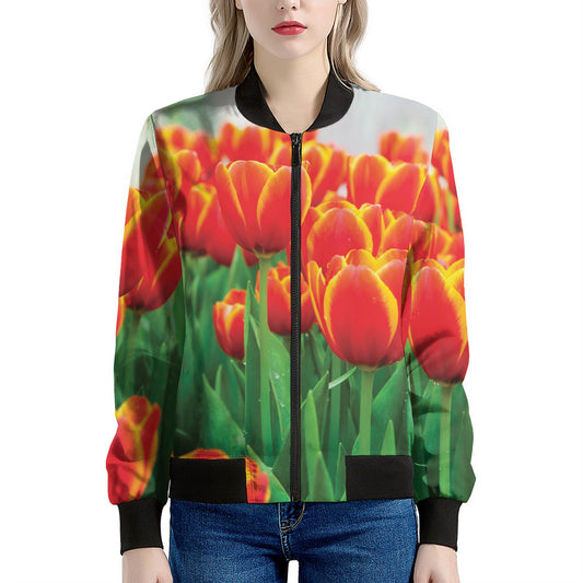 Red And Yellow Tulip Print Women's Bomber Jacket