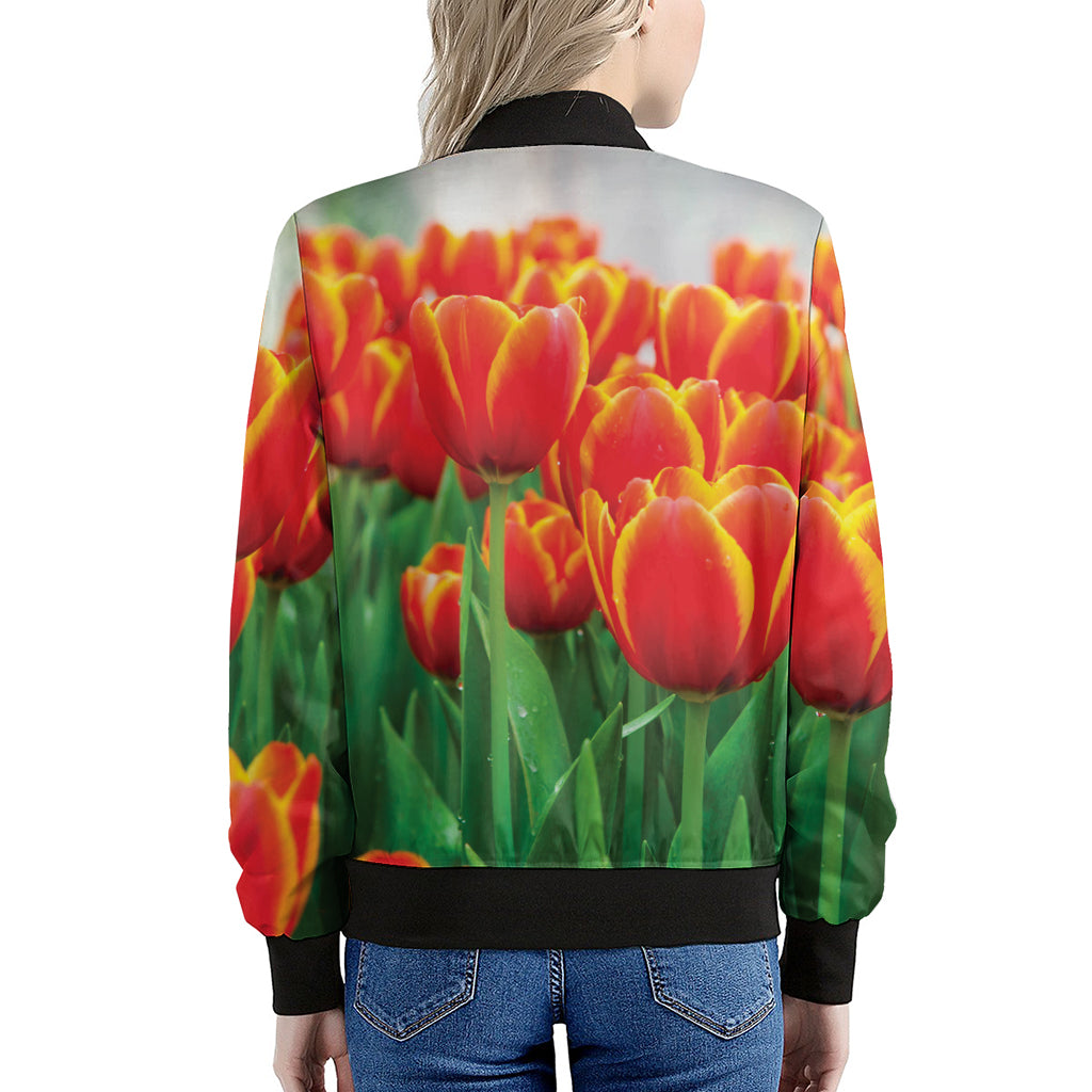 Red And Yellow Tulip Print Women's Bomber Jacket