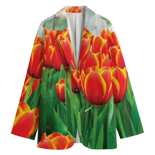 Red And Yellow Tulip Print Women's Cotton Blazer