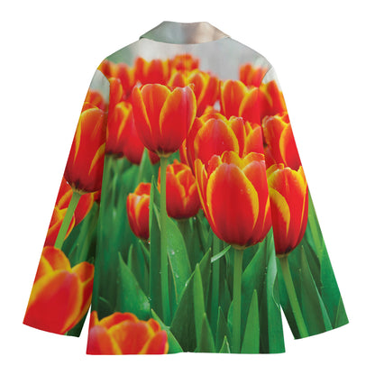 Red And Yellow Tulip Print Women's Cotton Blazer