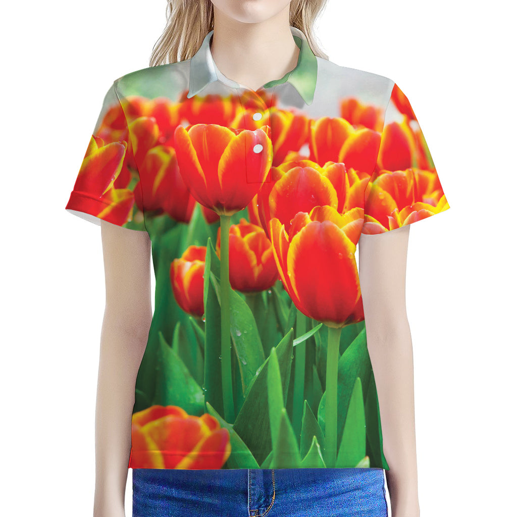 Red And Yellow Tulip Print Women's Polo Shirt