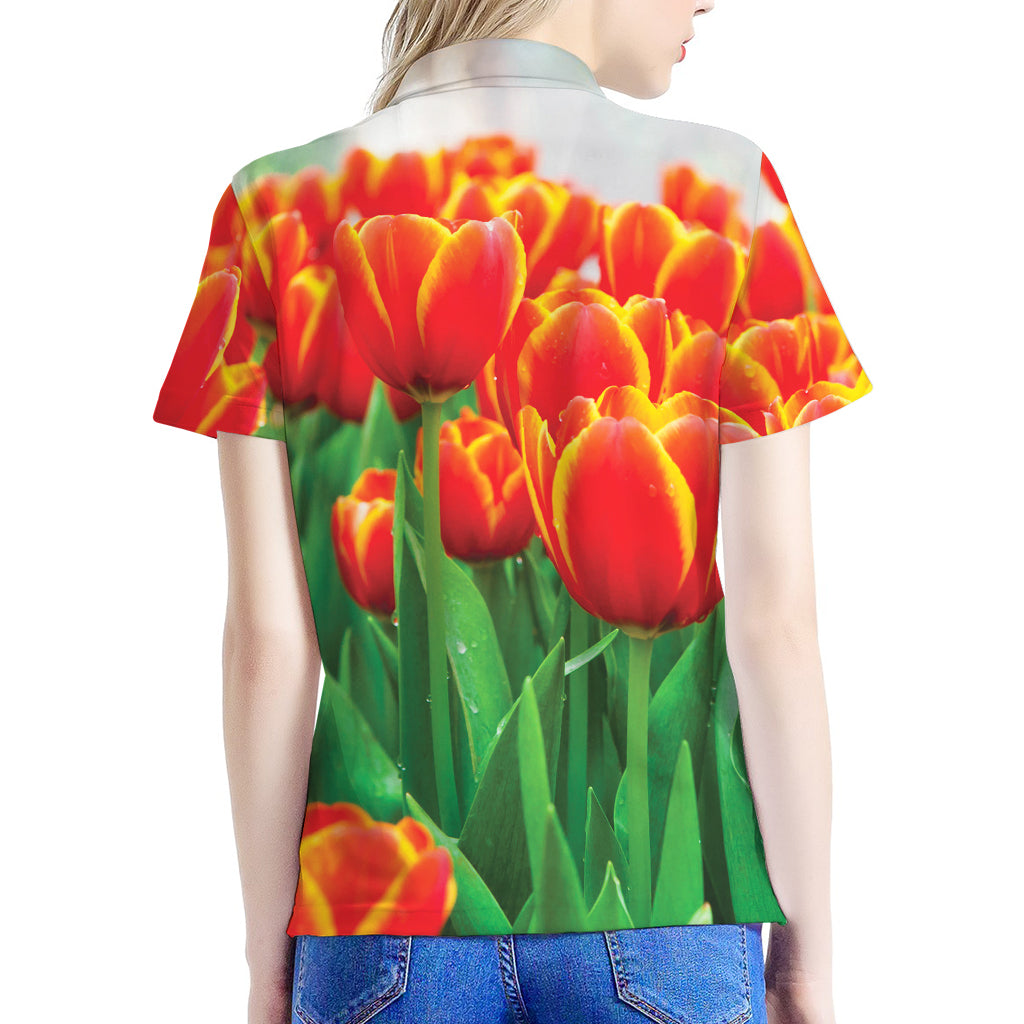 Red And Yellow Tulip Print Women's Polo Shirt
