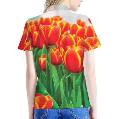 Red And Yellow Tulip Print Women's Polo Shirt