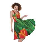 Red And Yellow Tulip Print Women's Sleeveless Dress