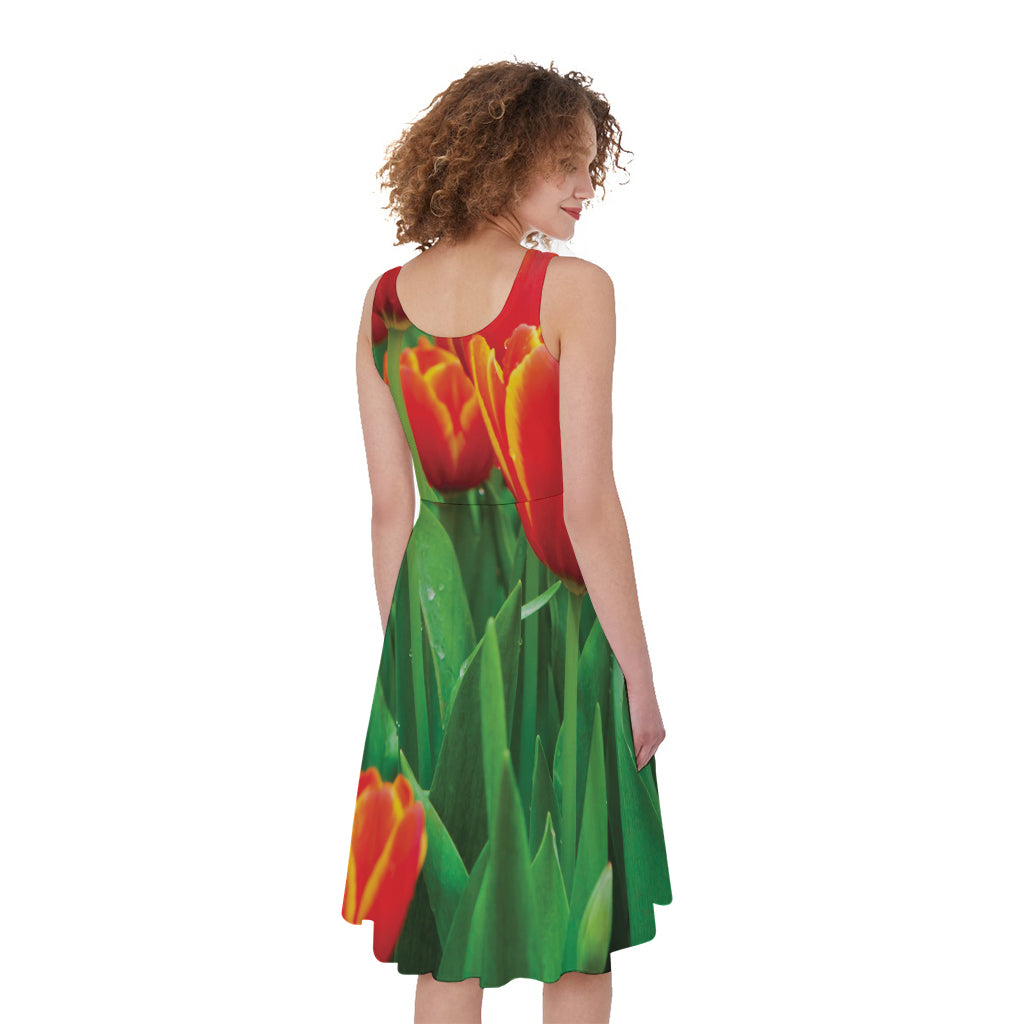 Red And Yellow Tulip Print Women's Sleeveless Dress