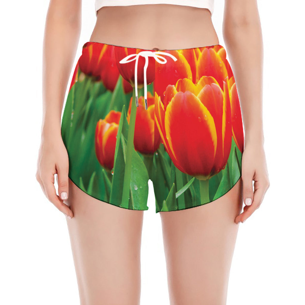 Red And Yellow Tulip Print Women's Split Running Shorts