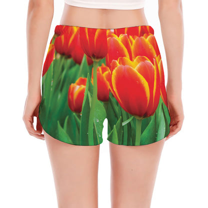 Red And Yellow Tulip Print Women's Split Running Shorts