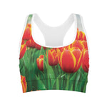 Red And Yellow Tulip Print Women's Sports Bra