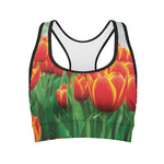 Red And Yellow Tulip Print Women's Sports Bra