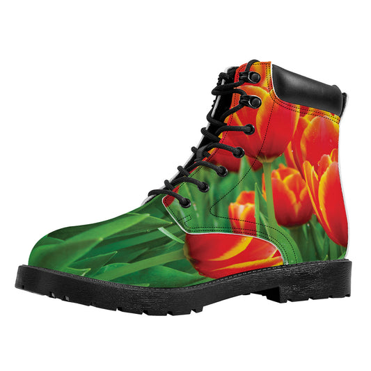Red And Yellow Tulip Print Work Boots