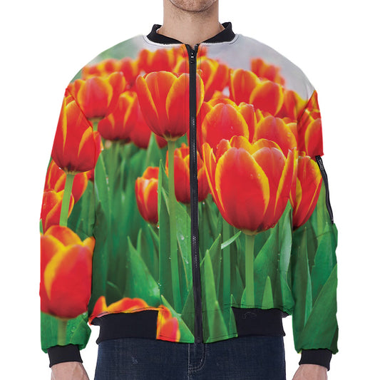 Red And Yellow Tulip Print Zip Sleeve Bomber Jacket