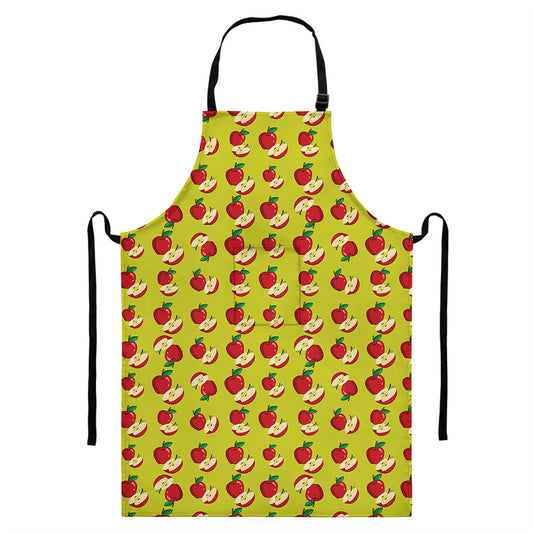 Red Apple Fruit Pattern Print Bib Apron With Pocket