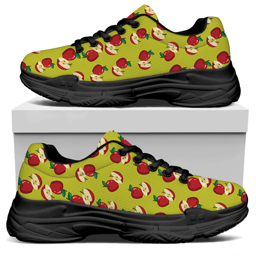 Red Apple Fruit Pattern Print Black Chunky Shoes