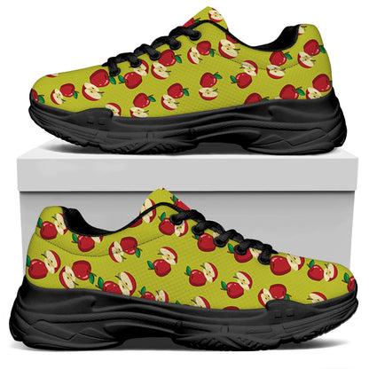 Red Apple Fruit Pattern Print Black Chunky Shoes