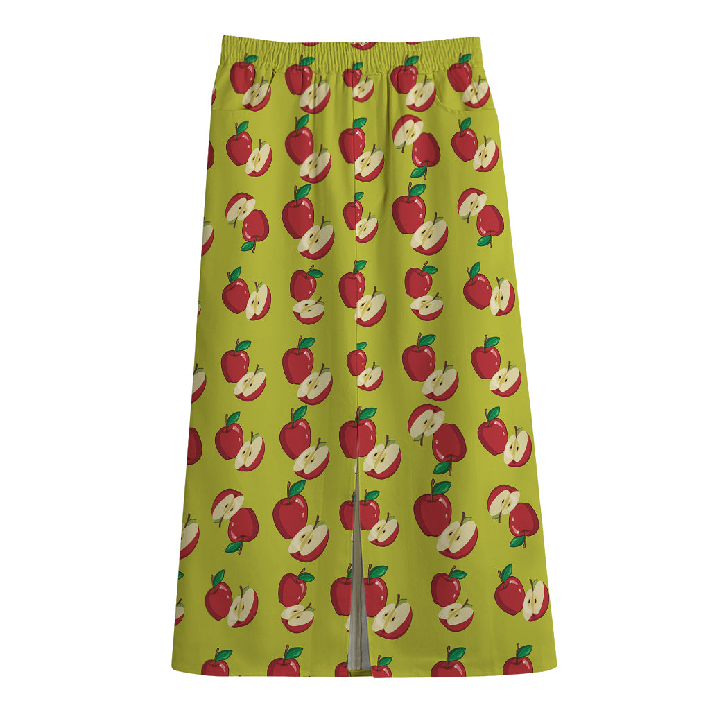 Red Apple Fruit Pattern Print Cotton Front Slit Maxi Skirt