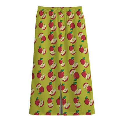Red Apple Fruit Pattern Print Cotton Front Slit Maxi Skirt