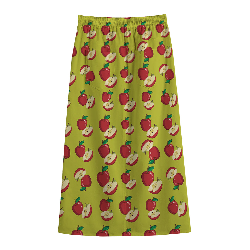Red Apple Fruit Pattern Print Cotton Front Slit Maxi Skirt