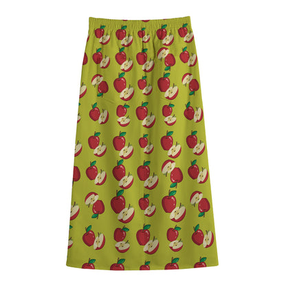 Red Apple Fruit Pattern Print Cotton Front Slit Maxi Skirt