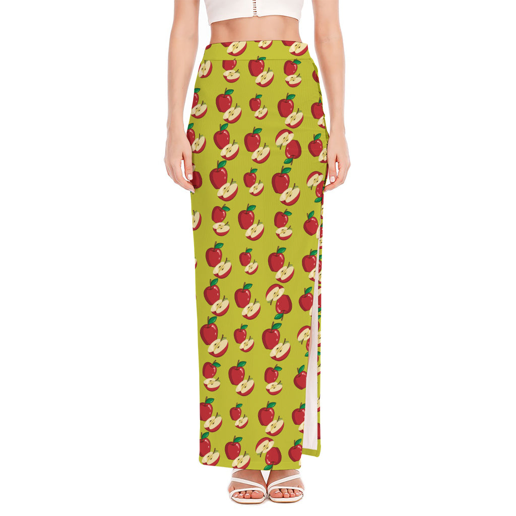 Red Apple Fruit Pattern Print High Slit Maxi Skirt