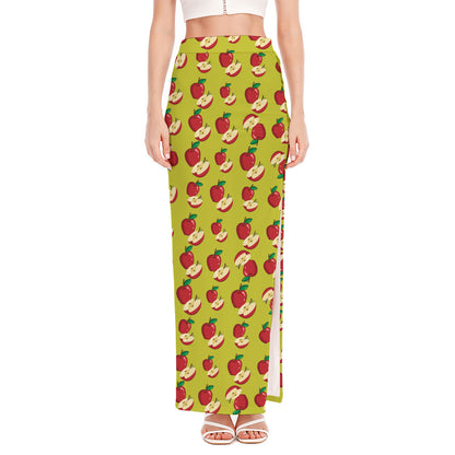 Red Apple Fruit Pattern Print High Slit Maxi Skirt
