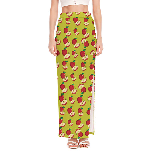 Red Apple Fruit Pattern Print High Slit Maxi Skirt