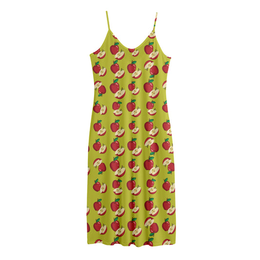 Red Apple Fruit Pattern Print Jersey Midi Cami Dress