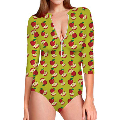 Red Apple Fruit Pattern Print Long Sleeve Swimsuit