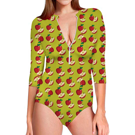 Red Apple Fruit Pattern Print Long Sleeve Swimsuit