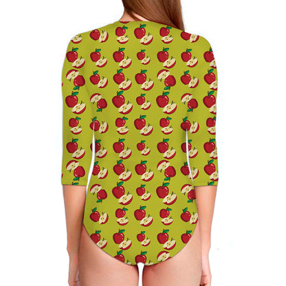 Red Apple Fruit Pattern Print Long Sleeve Swimsuit