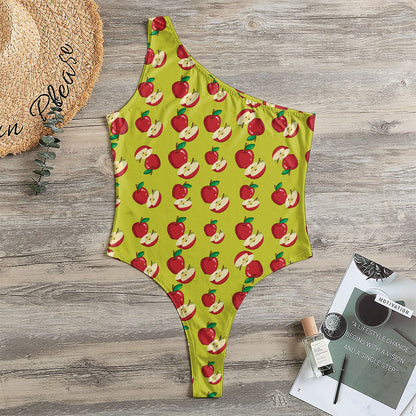Red Apple Fruit Pattern Print One Shoulder Bodysuit