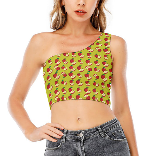 Red Apple Fruit Pattern Print One Shoulder Crop Top