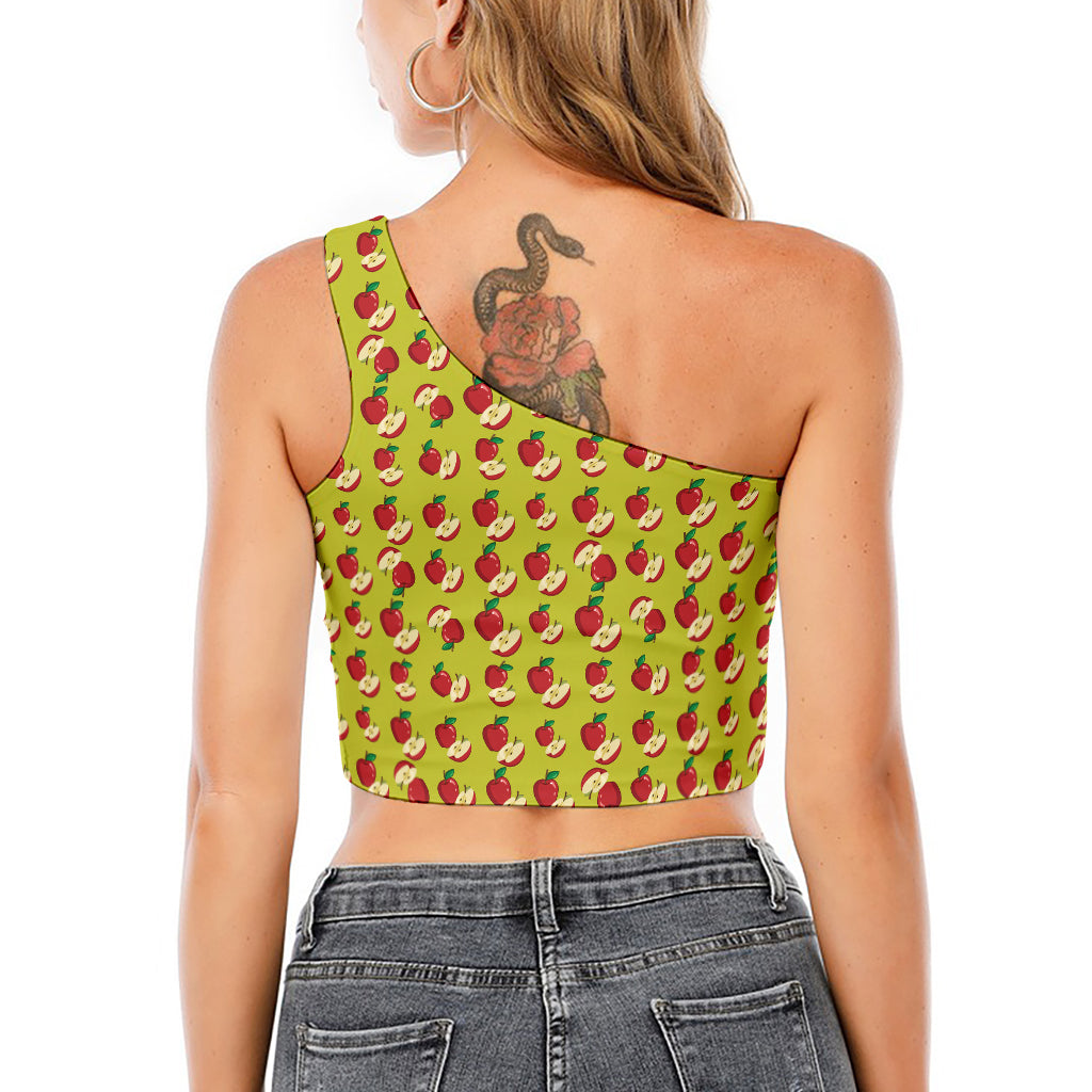 Red Apple Fruit Pattern Print One Shoulder Crop Top