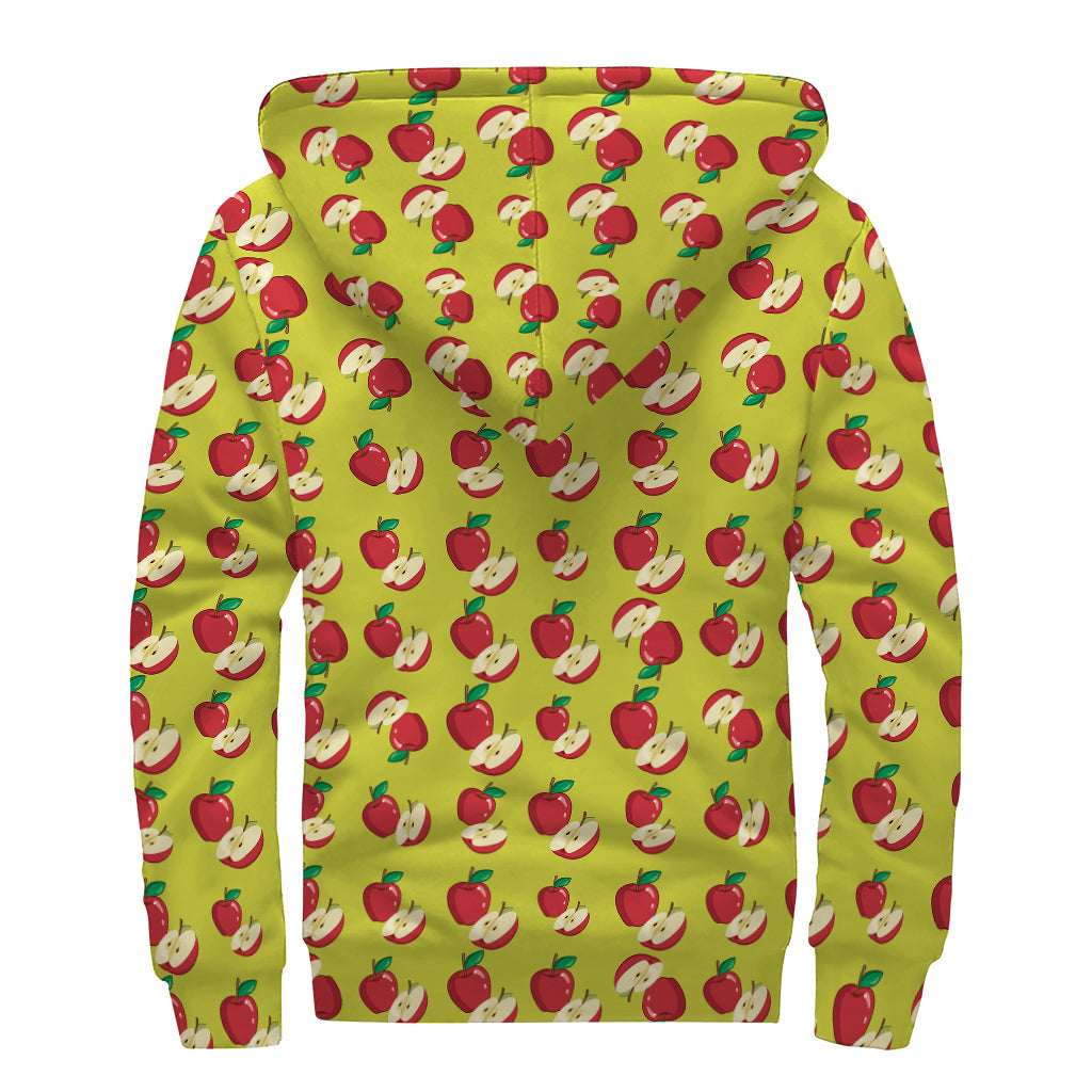 Red Apple Fruit Pattern Print Sherpa Lined Zip Up Hoodie
