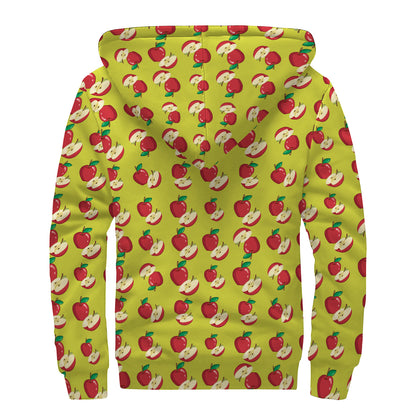 Red Apple Fruit Pattern Print Sherpa Lined Zip Up Hoodie
