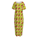 Red Apple Fruit Pattern Print Short Sleeve Long Nightdress