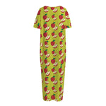 Red Apple Fruit Pattern Print Short Sleeve Long Nightdress